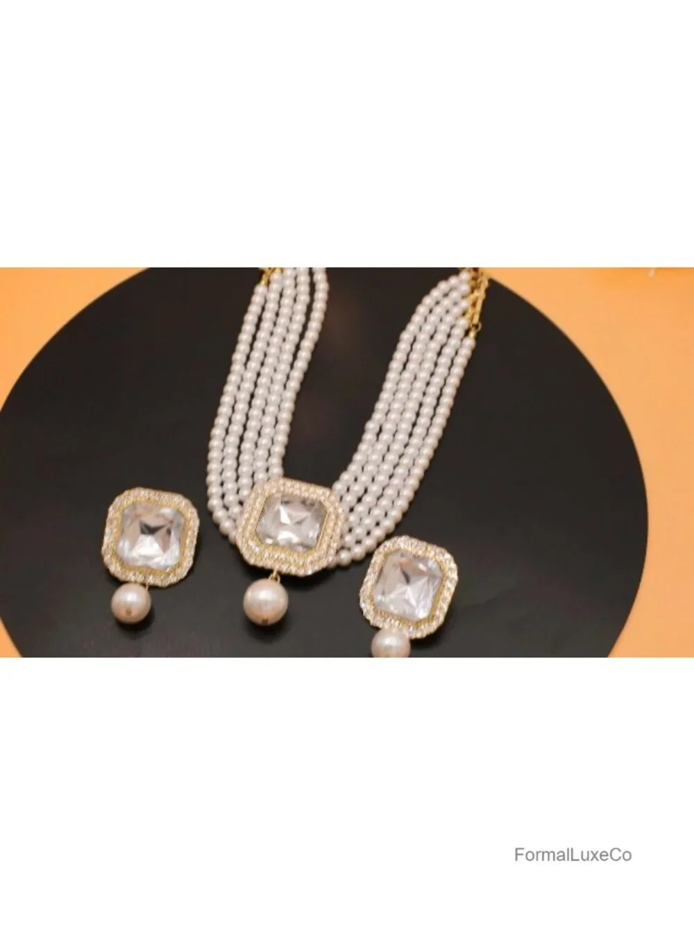 Pearl Choker Necklace & Earrings Set Bridal Rhinestone